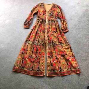 Vintage Palazzo Jumpsuit with gold metallic trim. Multicolored 28 “ high waisted